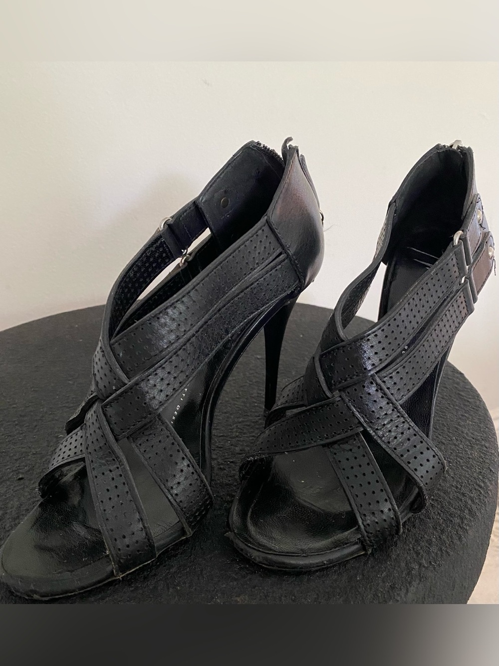 Vintage Giuseppe Zanotti Black Perforated Crisscross Stiletto Sandals